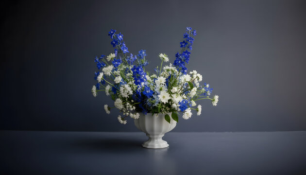 A delicate bouquet of snowdrops and blue campanula flowers arranged in a glass vase with soft spring blossoms and fresh green leaves creating a natural and elegant display