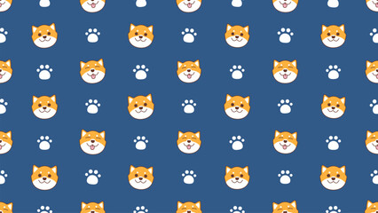 Obraz premium Cute cartoon Shiba Inu faces repeat across a blue background. White paw prints dot the pattern with playful charm. Each dog expression shows joyful, friendly smiles