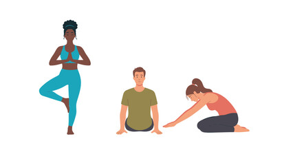 Fototapeta premium Diverse people practicing yoga poses: tree pose, meditation, child's pose. Wellness, mindfulness & healthy lifestyle.
