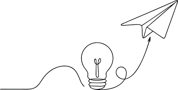 One line drawing of light bulb leading to paper airplane soaring upwards for startup launch.