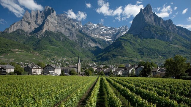 Agricultural rows of grapevines extend towards a small European settlement nestled beneath towering, craggy mountains