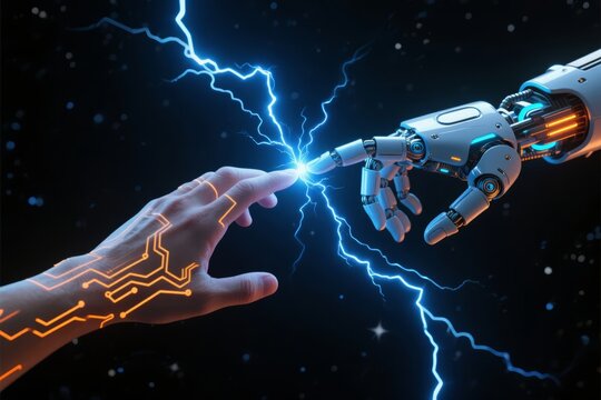 Human hand with circuit patterns touches robotic hand, creating electric spark against starry background