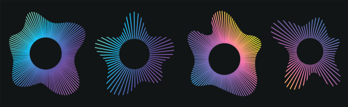 Set of podcast colorful soundwave icons. Vibrant neon gradient circular forms in cyan, blue and pink colors. Modern futuristic audio frequency patterns for music,  sound, technology. Vector illustrati
