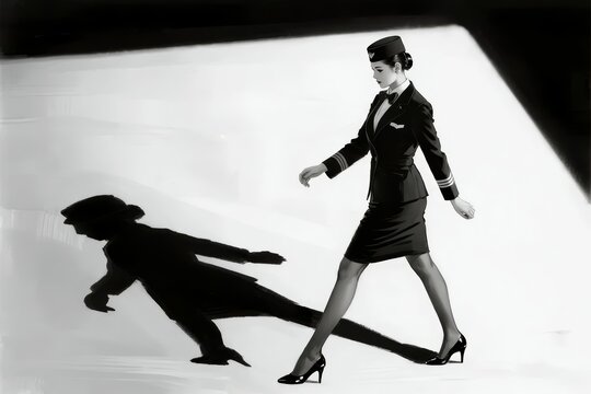A flight attendant in uniform walks across a bright surface, casting a dramatic shadow.