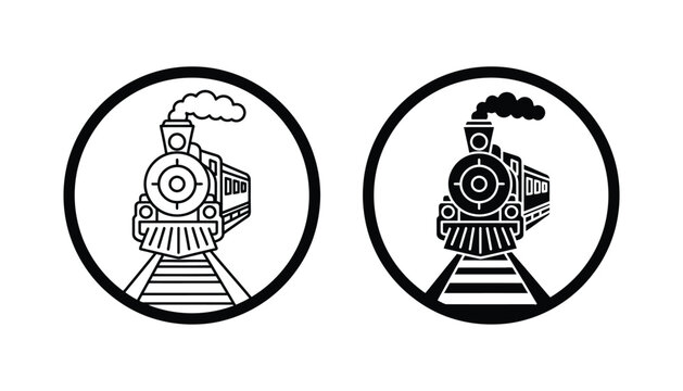 Vintage steam locomotive train engine in circle frame icon set in outline and solid black