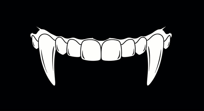 Sharp white vampire fangs and teeth set against a stark black background, perfect for horror or Halloween themes.