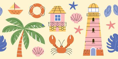 Obraz premium Stylized summer scene with lighthouse lobster palm tree and nautical elements flat vector illustration