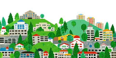 Fototapeta premium Colorful hillside town illustration with buildings and trees whimsical watercolor style high quality professional detailed