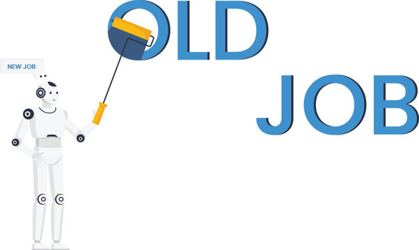 Humanoid robot painting over the words Old Job signifying career change and new opportunity using automation technology and artificial intelligence for future work and digital transformation