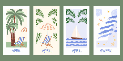 Four minimalist illustrated cards featuring palm trees beach scenes and summer motifs high quality professional © Sanjit
