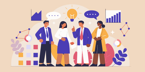 Fototapeta premium Four business professionals discussing ideas with lightbulb and graph illustration high quality professional detailed modern
