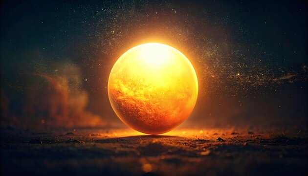 Radiant glowing sun sphere resting on a dark mystical alien landscape