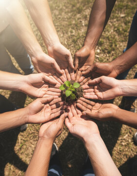 Hands seedling plant soil teamwork diversity community environmental growth support closeup group circle holding young seedling with soil outdoors, symbolizing unity, cooperation, sustainability