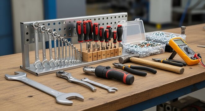 Workshop Tools and Equipment Set on Wooden Table