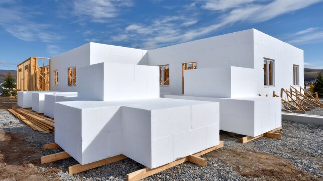Building residential home using ICF insulated concrete forms at construction site