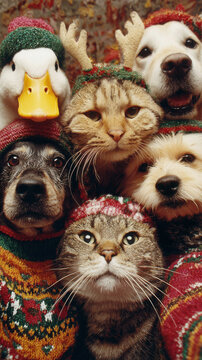 Grainy Disposable Camera Photograph Vintage Showing Ducks Cats And Dogs Wearing Christmas Sweaters And Festive Hats Taking Selfie