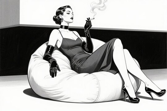 A woman in a vintage dress reclines on a bean bag, smoking a cigarette in a stylized black-and-white illustration.