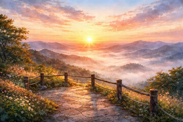 Obraz premium Scenic Observation Deck Overlooking Misty Mountain Valley at Sunrise