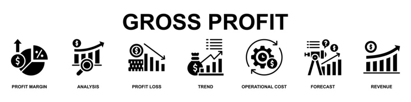 Gross Profit Banner Web Icon Vector Illustration Concept for Business with Icons of Profit Margin, Analysis , Profit Loss, Trend, Operational Cost, Forecast and Revenue
