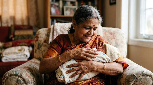 South Asian Grandmother Old Wrinkled Hands Cradling Tiny Newborn Grandchild First Time Profound Tenderness, Warm Soft Indoor Light, Authentic Multigenerational First Meeting India