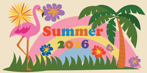 Obraz premium Tropical summer illustration with flamingo palm trees and vibrant text on a pink background