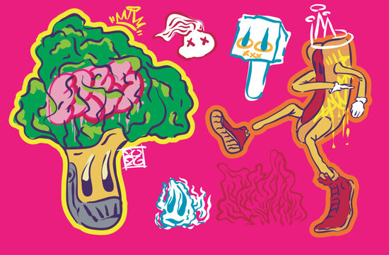 Vector illustration character of broccoli and hot dog  and other little character. With graffiti style.