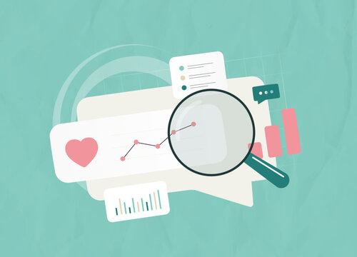 Social media monitoring with sentiment analysis and performance tracking in digital interface. Analyze data and feedback for brand insights and KPI tracking in marketing vector illustration
