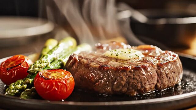 Delicious hot steak with butter and asparagus served with roasted cherry tomatoes on a griddle