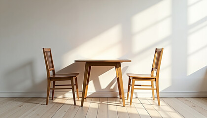 Fototapeta premium Minimalist wooden table and chairs in warm sunlight with clean background