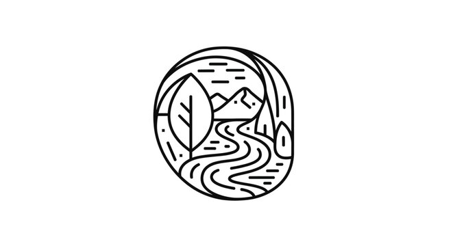 Black and white mountain landscape icon.