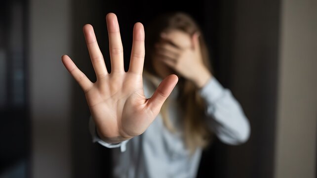 Woman showing open palm as a stop sign, with her face covered in distress