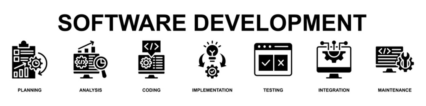 Software Development Banner Web Icon Vector Illustration Concept for Technology with Icons of Planning, Analysis, Coding, Implementation, Testing, Integration and Maintenance