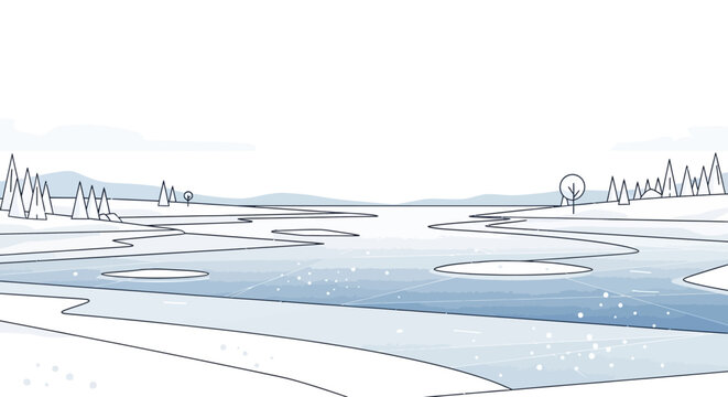 Frozen lake with ice circles winter.
