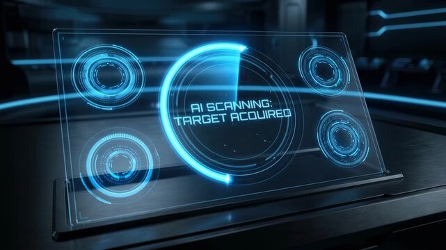 Ai network big data innovation scanning interface hologram dashboard futuristic transparent screen in dark lab cyber security technology visuals