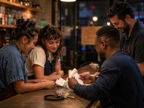  a diverse small business team closing their shop and counting the day&rsquo;s receipts together