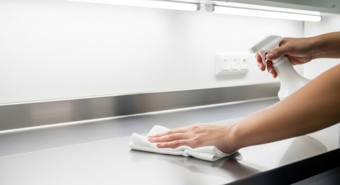 Close-up of a person's hands cleaning a stainless steel surface with a spray bottle and cloth