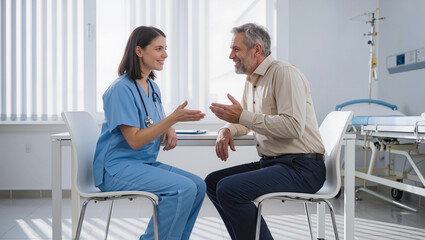 Obraz premium Friendly Nurse and Mature Patient Discussing Health in Modern Clinic