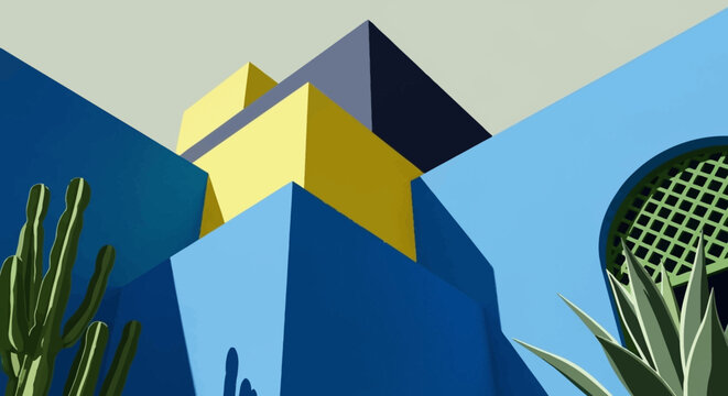 Colorful geometric modern buildings with bold angles and urban depth.