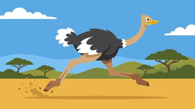 Cartoon ostrich running in savannah landscape.