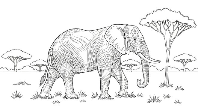 Sketch of an elephant walking through a grassy savanna with trees and distant horizon.