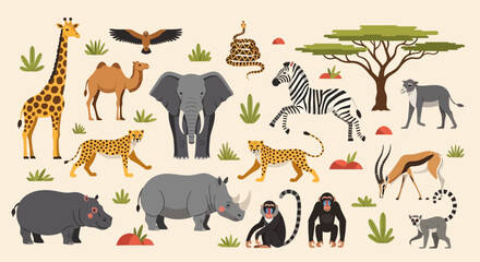 Obraz premium Diverse Savannah Animals Illustration Featuring Giraffes Elephants Zebras Lions Tigers and Monkeys in a Colorful Scene.