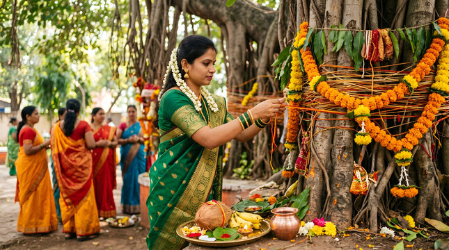 Vat Savitri Vrat Celebration Ritual Indian Woman