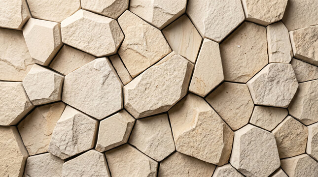 Natural sandstone wall texture, geometric stone cladding background, beige rock mosaic tiles for modern interior design and architectural facade
