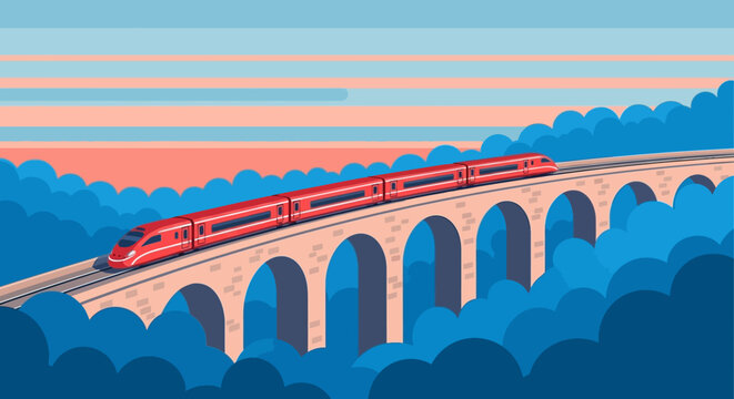 Red Train Crossing a Majestic Viaduct Bridge Over Clouds and Blue Sky.