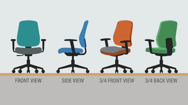 Colorful office chairs in different views.
