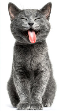 Russian Blue Cat Sticking Tongue Out Cutely With Happy Closed Eyes on Plain Gray White Background