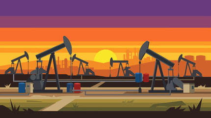 Fototapeta premium Oil pumps at sunset with city skyline.