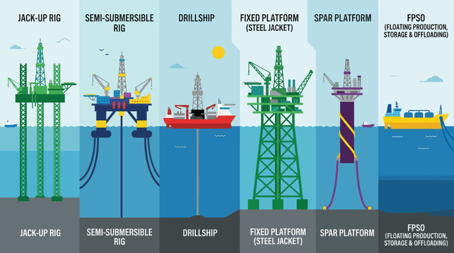 Offshore oil rig types and platforms.