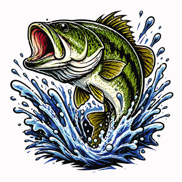 Jumping Largemouth Bass Fish Leaping Out Water.