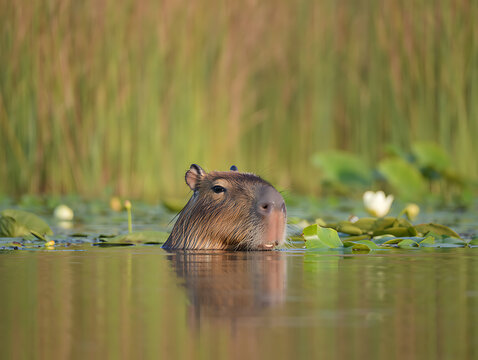 The capybara, Hydrochoerus hydrochaeris is the largest extant rodent in the world. Its closest relatives are agouti, chinchillas, coyphillas, and guinea pigs. Native to South America.